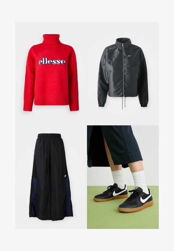 Must kolledžiga must lühike jope, millel on lukuga sulgus, elastne mansett ja valge Nike logo. Sile, läikiv kangas, millel on veidi tekstureeritud pind.; Punane kootud sveter kõrge soonikuga kraega. Omab horisontaalset soonikut äärtes ja varrukatel. "ellesse" logo on silmapaistvalt kujutatud sinises ja valges.; Mustad laiad mustad püksid kergest kangast, millel on tumesinine külgpaneel ja elastne vöökoht. Väike valge logo allservas.; Mustad nahast ja sünteetilised sneekerid valge Nike logoga, kummist gumme, ümar nina ja mustad paelad. Näha ribakujulisi valgeid sokke.