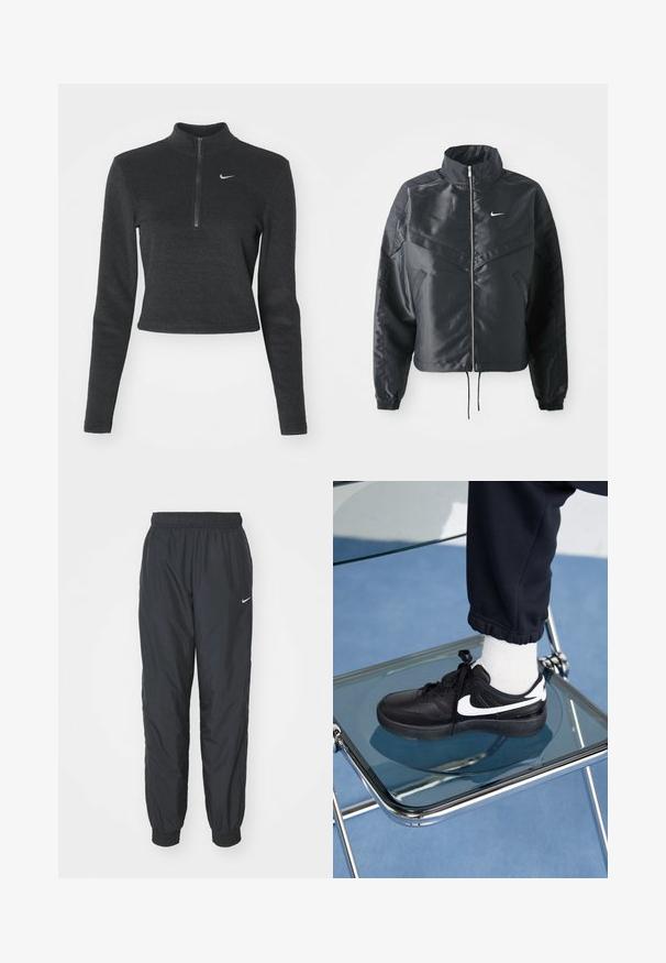 Mustat lyhyet takit, joissa on korkea kaulus, vetoketjukiinnitys, elastaanista valmistetut hihan suut ja valkoinen Nike-logo. Sileä, kiiltävä kangas, jossa on hieman tekstuuria.; Mustat, lyhyet Nike-hupparit, joissa on korkea kaula, pitkät hihat ja etuvetoketju. Sisältää pienen valkoisen Nike-logon rinnassa. Pehmeä tekstuuri.; Mustat Nike-harjoitusshortsit, jotka on valmistettu kevyestä kankaasta. Niissä on joustava vyötärö ja hihansuut, sekä pieni valkoinen logo vasemmassa lahkeessa.; Mustat Nike-tennarit valkoisilla yksityiskohdilla, joissa on sileä nahkapinta, nauhakiinnitys ja pyöreä varvas, aseteltuna lasituolille.