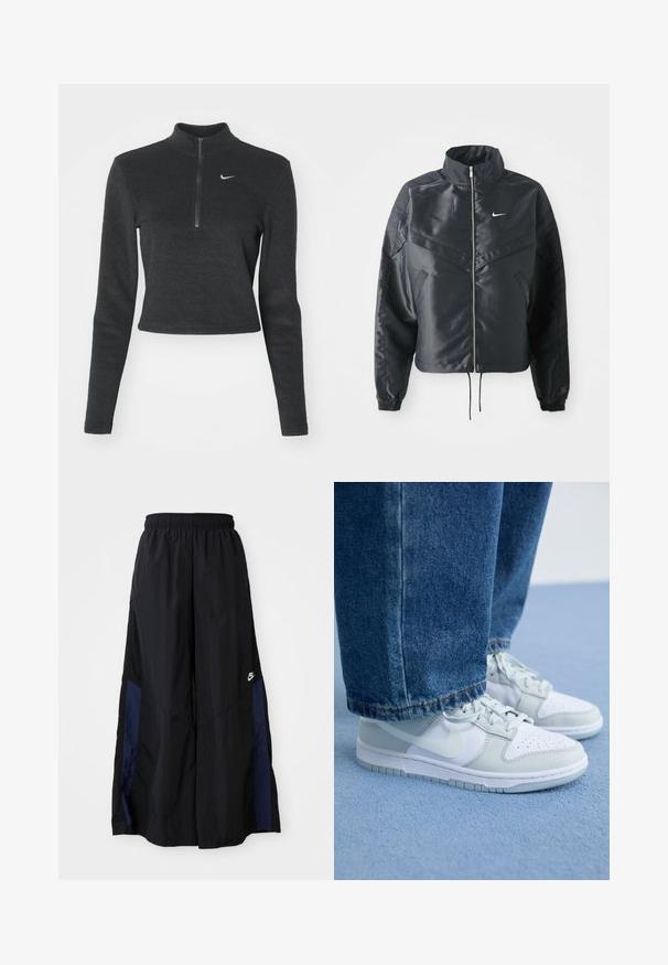 Sort cropped jakke med høj krave, lynlås lukning, elastiske manchetter og et hvidt Nike-logo. Glat, blankt stof med en let struktureret overflade.; Sort, kortærmet Nike sweatshirt med høj hals, lange ærmer og frontlynlås. Har et lille hvidt Nike-logo på brystet. Blød tekstur.; Sorte vide benbukser lavet af letvægtsstof, med et marineblåt sidepanel og en elastisk talje. Lille hvidt logo nederst.; Nike sneakers i hvidt og lysegråt læder med perforeret tå, flade snørebånd og gummisål, kombineret med blå denimjeans.
