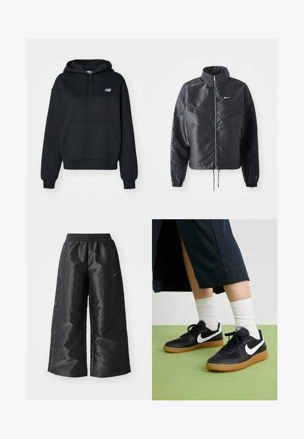 Casaco preto curto com colarinho alto, fecho de zip, punhos em elastano e um logótipo Nike branco. Tecido suave e brilhante com uma superfície ligeiramente texturizada.; Sweatshirt preto feito de mistura de algodão, com um bolso canguru, capuz com cordão e logótipo bordado no lado esquerdo do peito.; Calças atléticas pretas com um tecido brilhante e suave, apresentando uma cintura elástica, pernas largas e um pequeno logotipo do lado esquerdo.; Sapatilhas pretas em couro e sintético com o logo da Nike em branco, sola de borracha tipo goma, bico redondo e atacadores pretos. Meias brancas com frunces visíveis.