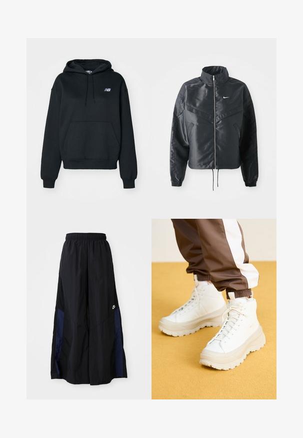 Svart kort jacka med hög krage, dragkedja, ärmslut i elastan och en vit Nike-logotyp. Slät, glänsande tyg med en något strukturerad yta.; Svart hoodie i bomullsmix, med en känguruficka, dragsko på huvan och broderad logotyp på vänster bröst.; Svarta vida byxor gjorda av lättviktig tyg, med en marinblå sid panel och ett elastiskt midjeband. Litet vitt logotyp nertill.; Vita högtoppsneakers med en kraftig, texturerad sula, som har en slät ovandel, rund tå och matchande snörning, placerade mot en gul bakgrund.