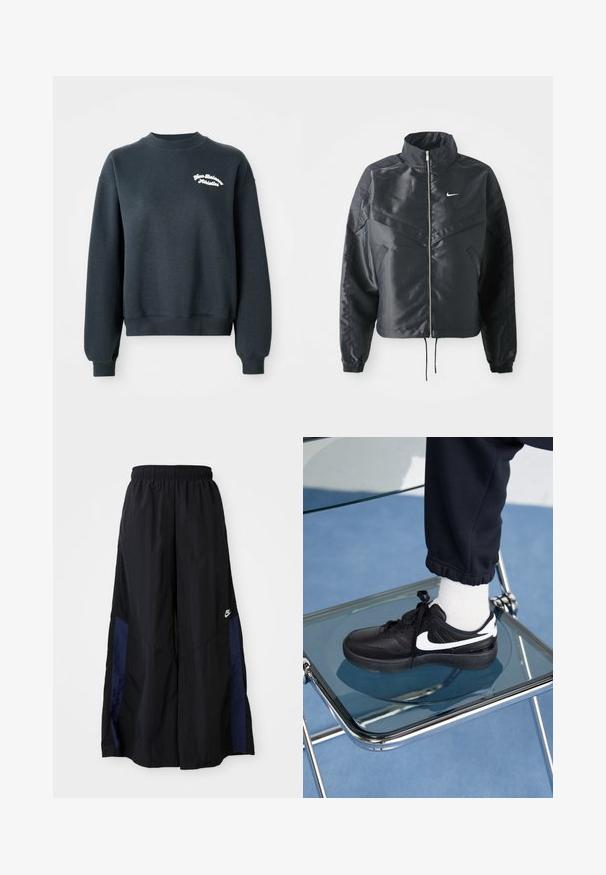Černá zkrácená bunda s vysokým límcem, zipovým zapínáním, elastickými manžetami a bílým logem Nike. Hladká, lesklá látka s mírně strukturovaným povrchem.; Tmavě šedá mikina s dlouhými rukávy a kulatým výstřihem. Na hrudi je vyšitý nápis "New Balance Athletics" v bílé barvě. Měkký materiál.; Černé kalhoty širokého střihu vyrobené z lehkého materiálu, s námořnickou modrou bočním panelem a elastickým pasem. Malé bílé logo na spodní části.; Černé tenisky Nike s bílými akcenty, s hladkou koženou texturou, šněrovacím designem a zaoblenou špičkou, umístěné na skleněné židli.