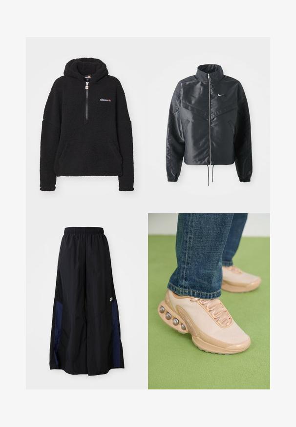 Giacca nera cropped con colletto alto, chiusura a zip, polsini in elastan e logo Nike bianco. Tessuto liscio e lucido con una superficie leggermente texturizzata.; Felpa nera in pile con zip a quarto, tasca a marsupio e logo a contrasto. Texture morbida e design over size per calore e comfort.; Pantaloni neri a gamba larga realizzati in tessuto leggero, con un pannello laterale blu navy e una cintura elastica. Piccolo logo bianco sul fondo.; Scarpe sportive beige chiaro con tomaia in mesh, suola in gomma e dettagli arrotondati con elementi metallici. Indossate con jeans blu su una superficie verde.