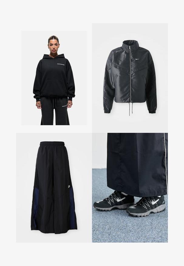 Giacca nera cropped con colletto alto, chiusura a zip, polsini in elastan e logo Nike bianco. Tessuto liscio e lucido con una superficie leggermente texturizzata.; Felpa nera con cappuccio e tasca frontale, con la scritta "GOODFORNOTHING" in bianco. Tessuto morbido con una vestibilità comoda, abbinata a pantaloni coordinati.; Pantaloni neri a gamba larga realizzati in tessuto leggero, con un pannello laterale blu navy e una cintura elastica. Piccolo logo bianco sul fondo.; Scarpe sportive nere con tomaia testurizzata, dettagli argentati e suola con motivo, abbinate a un lungo indumento nero. Ambientate su un tappeto blu.