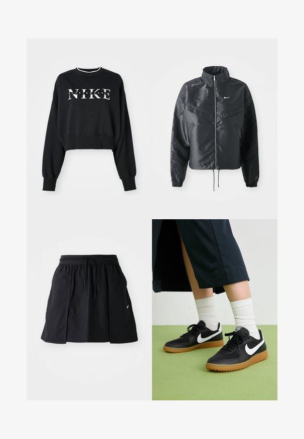 Zwarte cropped jack met hoge kraag, ritsluiting, elastische manchetten en een wit Nike-logo. Glad, glanzend materiaal met een licht gestructureerd oppervlak.; Cropped zwarte sweatshirt van katoen, met witte opdruk "NIKE" en "SPORTSWEAR", en geribbelde manchetten en kraag.; Zwarte sportrok met elastische tailleband en verstelbaar trekkoord. Bevat zijsplitten, lichtgewicht stof en een klein logo op de zoom.; Zwarte leren en synthetische sneakers met witte Nike swoosh, rubberen gumzool, ronde neus en zwarte veters. Geribbelde witte sokken zichtbaar.