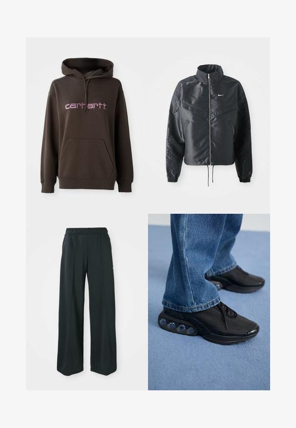 Chaqueta negra corta con cuello alto, cierre de cremallera, puños de elastano y un logo de Nike en blanco. Tejido suave y brillante con una superficie ligeramente texturizada.; Sudadera con capucha marrón y bolsillo tipo canguro en el frente, con letras rosas de la marca "carhartt". Fabricada en una tela suave, con un acabado texturizado.; Pantalones deportivos negros de pierna ancha con cintura elástica. Hechos de una tela suave y elástica, presentan costuras frontales sutiles y sin bolsillos.; Zapatillas deportivas negras con parte superior de malla, acentos texturizados y cápsulas de amortiguación de aire visibles en la suela. Combinadas con jeans de mezclilla azul.