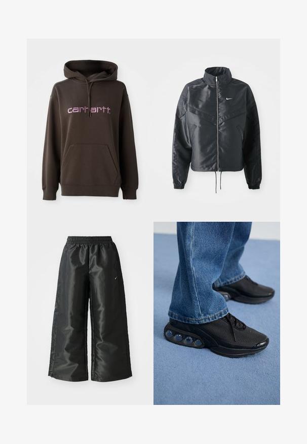 Mustat lyhyet takit, joissa on korkea kaulus, vetoketjukiinnitys, elastaanista valmistetut hihan suut ja valkoinen Nike-logo. Sileä, kiiltävä kangas, jossa on hieman tekstuuria.; Ruskea huppari, jossa on etutasku ja vaaleanpunainen "Carhartt" -merkkiteksti. Valmistettu pehmeästä kankaasta, jossa on teksturoitu pinta.; Mustat urheiluhaut, joissa on kiiltävä ja sileä kangas, elastinen vyötärö, leveät lahkeet ja pieni logo vasemmalla puolella.; Mustat urheilukengät, joissa on verkkomateriaali, teksturoituja yksityiskohtia ja näkyvät ilmatyynyllä varustetut pohjat. Yhdistettynä sinisiin farkkuihin.