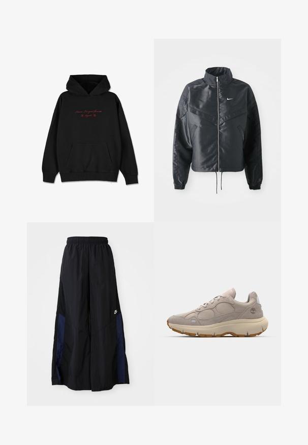 Giacca nera cropped con colletto alto, chiusura a zip, polsini in elastan e logo Nike bianco. Tessuto liscio e lucido con una superficie leggermente texturizzata.; Felpa nera in tessuto morbido, con tasca frontale, polsini a coste e testo ricamato rosso con accenti floreali sul petto.; Pantaloni neri a gamba larga realizzati in tessuto leggero, con un pannello laterale blu navy e una cintura elastica. Piccolo logo bianco sul fondo.; Sneaker beige chiaro con una combinazione di materiali in suede e rete, forma arrotondata, suola spessa color crema e dettagli in gomma di colore più scuro.