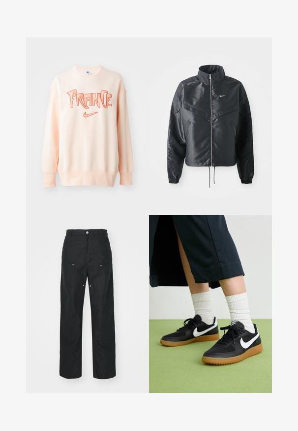 Giacca nera cropped con colletto alto, chiusura a zip, polsini in elastan e logo Nike bianco. Tessuto liscio e lucido con una superficie leggermente texturizzata.; Felpa color pesco chiaro realizzata in tessuto morbido, con una vistosa ricamo arancione che recita "FRANCE" e un piccolo logo Nike in basso.; Pantaloni neri con design a gamba dritta, realizzati in un tessuto texturizzato. Presentano dettagli decorativi in argento e una cucitura unica.; Sneaker in pelle nera e sintetica con logo Nike bianco, suola in gomma, punta rotonda e lacci neri. Calze bianche a righe visibili.