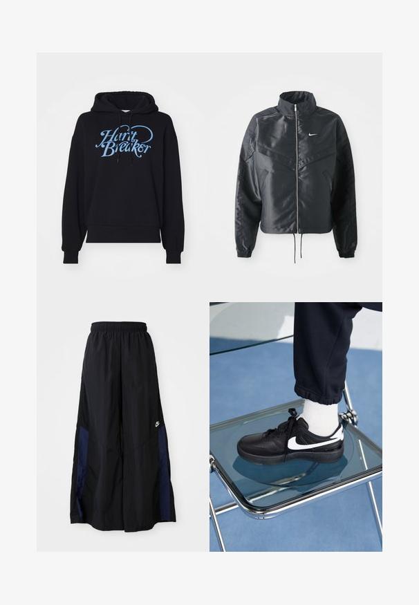 Chaqueta negra corta con cuello alto, cierre de cremallera, puños de elastano y un logo de Nike en blanco. Tejido suave y brillante con una superficie ligeramente texturizada.; Sudadera con capucha negra de corte holgado, que presenta un gráfico de "Heart Breaker" en azul claro en la parte delantera. Está hecha de un tejido suave y texturizado.; Pantalones de pierna ancha negros, confeccionados en una tela ligera, con un panel lateral azul marino y una cinturilla elástica. Logotipo blanco pequeño en la parte inferior.; Zapatillas Nike negras con acentos blancos, con una textura de cuero suave, diseño de cordones y punta redondeada, colocadas sobre una silla de cristal.