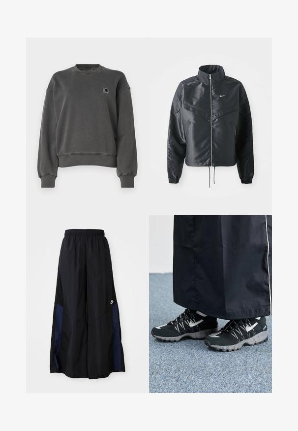 Giacca nera cropped con colletto alto, chiusura a zip, polsini in elastan e logo Nike bianco. Tessuto liscio e lucido con una superficie leggermente texturizzata.; Carhartt WIP NELSON - Felpa - graphite; Pantaloni neri a gamba larga realizzati in tessuto leggero, con un pannello laterale blu navy e una cintura elastica. Piccolo logo bianco sul fondo.; Scarpe sportive nere con tomaia testurizzata, dettagli argentati e suola con motivo, abbinate a un lungo indumento nero. Ambientate su un tappeto blu.