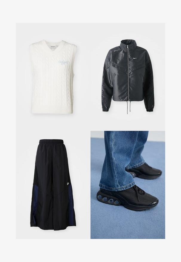 Giacca nera cropped con colletto alto, chiusura a zip, polsini in elastan e logo Nike bianco. Tessuto liscio e lucido con una superficie leggermente texturizzata.; Gilet senza maniche bianco con scollo a V e design a trecce. Presenta un ricamo blu chiaro sul davanti. Tessuto in maglia testurizzata.; Pantaloni neri a gamba larga realizzati in tessuto leggero, con un pannello laterale blu navy e una cintura elastica. Piccolo logo bianco sul fondo.; Scarpe da ginnastica nere con tomaia in rete, dettagli testurizzati e pod di ammortizzazione visibili nella suola. Indossate con jeans in denim blu.