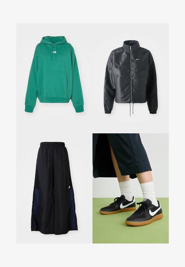 Jachetă croppată neagră cu guler înalt, închidere cu fermoar, manșete din elastan și un logo alb Nike. Material neted, lucios, cu o suprafață ușor texturată.; The North Face ESSENTIAL OVERSIZED HOODIE - Bluză de molton - evergreen; Pantaloni negri cu croi larg, confecționați dintr-un material ușor, având un panou lateral albastru marin și un brâu elastic. Logo mic alb în partea de jos.; Sneakers negre din piele și material sintetic cu logo-ul alb Nike, talpă din cauciuc, vârful rotund și șireturi negre. Șosete albe cu nervuri vizibile.