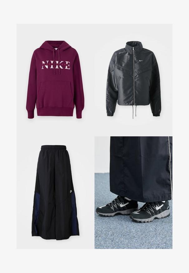 Casaco preto curto com colarinho alto, fecho de zip, punhos em elastano e um logótipo Nike branco. Tecido suave e brilhante com uma superfície ligeiramente texturizada.; Sweatshirt roxo da Nike com um bolso frontal, capuz com cordão e grande texto branco "NIKE SPORTWEAR". Tecido macio e punhos canelados.; Calças largas pretas feitas de tecido leve, com um painel lateral azul-marinho e cintura elástica. Pequeno logótipo branco na parte inferior.; Tênis atléticos pretos com um cabedal texturizado, detalhes prateados e um solado estampado, combinados com uma peça longa preta. Ambientado sobre um tapete azul.