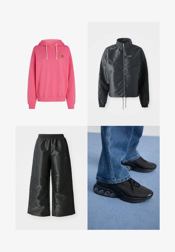 Melna apgriezta jaka ar augstu apkakli, rāvējslēdzēja aizdari, elastīna aprocēm un baltu Nike logo. Gluda, spīdīga auduma ar nedaudz teksturētu virsmu.; Rozā kapuce ar lielu priekšējo kabatu, kapuci ar aukliņu, ribotām aprocēm un apakšmali. Uz kreisā augšējā stūra ir neliels apaļš logotips.; Melnas sporta bikses ar spīdīgu, gludu audumu, aprīkotas ar elastīgu jostu, platām kājām un mazu logotipu kreisajā pusē.; Melnas sporta kedas ar sietu augšdaļu, teksturētām akcentiem un redzamajām gaisa amortizācijas podiem zolei. Valkātas ar zilu džinsu biksēm.