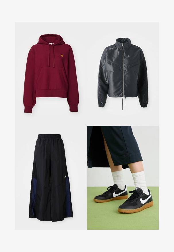 Veste noire courte avec col haut, fermeture éclair, poignets en élasthanne et logo Nike blanc. Tissu lisse et brillant avec une surface légèrement texturée.; Sweatshirt à capuche bordeaux en mélange de coton, avec une poche kangourou à l'avant, des poignets côtelés et un logo brodé sur la poitrine.; Pantalons larges noirs en tissu léger, avec un panneau latéral bleu marine et une taille élastique. Petit logo blanc en bas.; Baskets noires en cuir et synthétique avec le swoosh blanc de Nike, semelle en caoutchouc, bout rond et lacets noirs. Chaussettes blanches côtelées visibles.