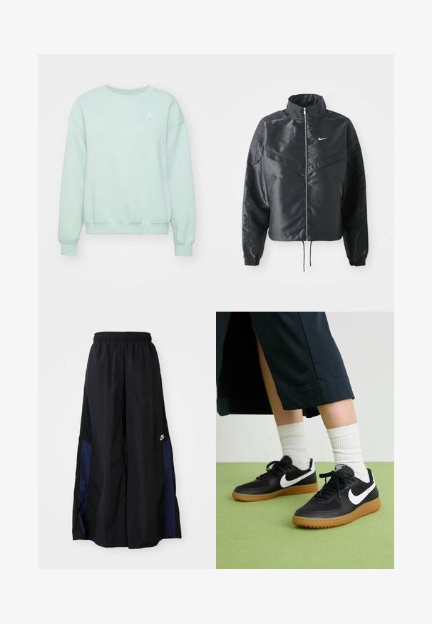 Casaco preto curto com colarinho alto, fecho de zip, punhos em elastano e um logótipo Nike branco. Tecido suave e brilhante com uma superfície ligeiramente texturizada.; Sweatshirt verde menta com gola redonda, punhos e bainha canelados. Apresenta um logótipo bordado em branco na área esquerda do peito. Textura suave.; Calças largas pretas feitas de tecido leve, com um painel lateral azul-marinho e cintura elástica. Pequeno logótipo branco na parte inferior.; Sapatilhas pretas em couro e sintético com o logo da Nike em branco, sola de borracha tipo goma, bico redondo e atacadores pretos. Meias brancas com frunces visíveis.