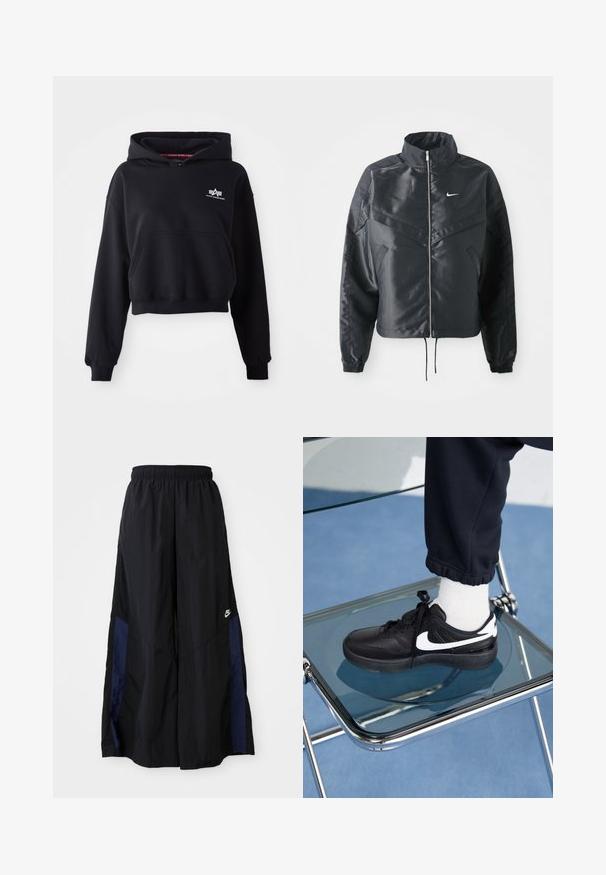Giacca nera cropped con colletto alto, chiusura a zip, polsini in elastan e logo Nike bianco. Tessuto liscio e lucido con una superficie leggermente texturizzata.; Felpa corta nera realizzata in tessuto morbido, con tasca anteriore, cappuccio con coulisse e un piccolo logo bianco sul petto.; Pantaloni neri a gamba larga realizzati in tessuto leggero, con un pannello laterale blu navy e una cintura elastica. Piccolo logo bianco sul fondo.; Sneakers Nike neri con accenti bianchi, caratterizzati da una superficie in pelle liscia, design con lacci e punta rotonda, posizionati su una sedia di vetro.