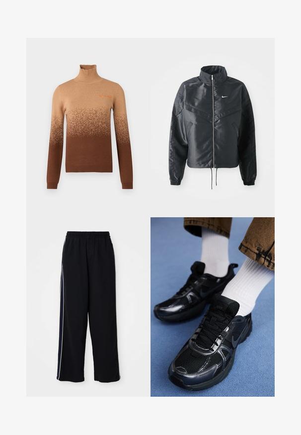 Črna skrajšana jakna z visokim ovratnikom, zadrgo, elastan rokavi in belim logotipom Nike. Gladek, sijoč material z rahlo teksturirano površino.; Rjava pulover z visokim ovratnikom z gradientnim vzorcem, ki se na vrhu preliva v svetlejše odtenke, medtem ko na robu preide v temno rjavo. Izšit detajl.; Črne hlače širokega kroja z elastičnim pasom, ob strani z belimi črtami. Narejene iz mehkega bombažnega materiala.; Črne športne čevlje Nike imajo mrežasto zgornji del s sijočimi akcenti, črne vezalke in teksturiran podplat. Ujemajo se z belimi rebrastimi nogavicami.