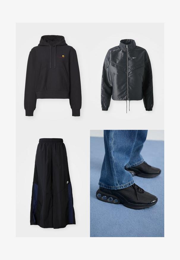 Black cropped jacket with high collar, zip closure, elastane cuffs, and a white Nike logo. Smooth, shiny fabric with a slightly textured surface.; Black cropped hoodie made of soft fabric, featuring a kangaroo pocket, drawstring hood, and embroidered logo in yellow and red.; Black wide-leg pants made of lightweight fabric, featuring a navy blue side panel and an elastic waistband. Small white logo on bottom.; Black athletic sneakers with mesh upper, textured accents, and visible air cushioning pods in the sole. Worn with blue denim jeans.