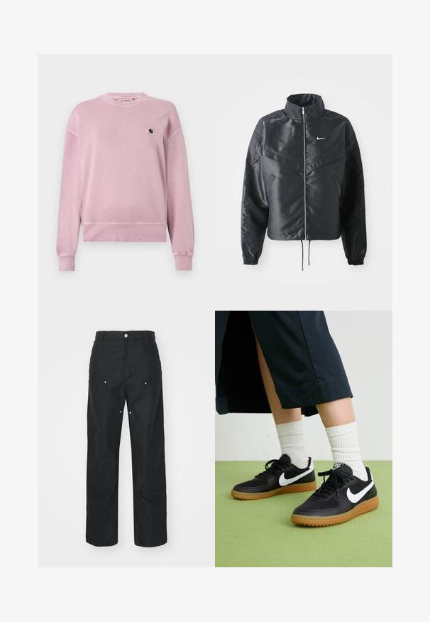 Black cropped jacket with high collar, zip closure, elastane cuffs, and a white Nike logo. Smooth, shiny fabric with a slightly textured surface.; Light pink sweatshirt made of soft fabric, featuring a round neck, long sleeves, and a small logo patch on the left chest area.; Black trousers with a straight-leg design, made of a textured fabric. Features decorative silver hardware and unique seam detailing.; Black leather and synthetic sneakers with white Nike swoosh, rubber gum sole, round toe, and black laces. Ribbed white socks visible.