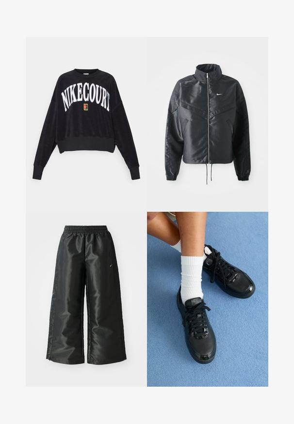 Schwarze, verkürzte Jacke mit hohem Kragen, Reißverschluss, Elastan-Ärmeln und einem weißen Nike-Logo. Glattes, glänzendes Material mit leicht strukturiertem Oberflächeneffekt.; Schwarzer, kurzer Sweatshirt mit "NIKECOURT" in weißen, erhabenen Buchstaben. Verfügt über ein farbiges Quadrat-Logo auf der Vorderseite und gerippte Bündchen. Weicher Stoff.; Schwarze Sporthose aus glänzendem, glattem Stoff, mit einem elastischen Bund, weitem Bein und einem kleinen Logo auf der linken Seite.; Schwarze Nike-Sneaker mit strukturiertem Obermaterial, glänzenden Akzenten und runden Schnüren. Sie sind mit weißen gerippten Socken auf einer hellblauen Oberfläche kombiniert.