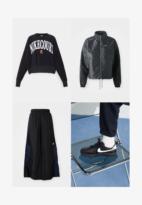 Zwarte cropped jack met hoge kraag, ritsluiting, elastische manchetten en een wit Nike-logo. Glad, glanzend materiaal met een licht gestructureerd oppervlak.; Zwarte cropped sweatshirt met "NIKECOURT" in witte reliëfletters. Beschikt over een gekleurde vierkante logo aan de voorkant en ribgebreide manchetten. Zachte textuur.; Zwarte wijdlopende broek van lichtgewicht stof, met een marineblauwe zijpaneel en een elastische tailleband. Klein wit logo onderaan.; Zwarte Nike sneakers met witte accenten, met een gladde leren textuur, vetersluiting en ronde neus, geplaatst op een glazen stoel.