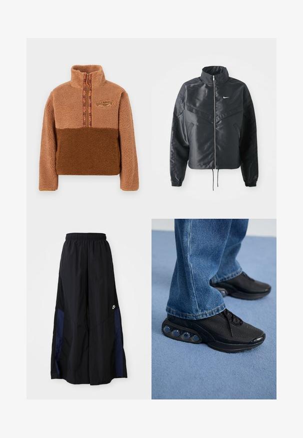 Schwarze, verkürzte Jacke mit hohem Kragen, Reißverschluss, Elastan-Ärmeln und einem weißen Nike-Logo. Glattes, glänzendes Material mit leicht strukturiertem Oberflächeneffekt.; Brauner Fleece-Pullover mit hohem Kragen, ausgestattet mit einem Reißverschluss und mehrfarbigem gemustertem Besatz. Gesticktes Logo auf der Brust.; Schwarze weit geschnittene Hose aus leichtem Stoff, mit einem dunkelblauen Seitenpanel und einem elastischen Bund. Kleines weißes Logo am unteren Ende.; Schwarze sportschuhe mit atmungsaktivem Mesh-Obermaterial, strukturierten Akzenten und sichtbaren Luftpolstern in der Sohle. Getragen mit blauen Jeans.