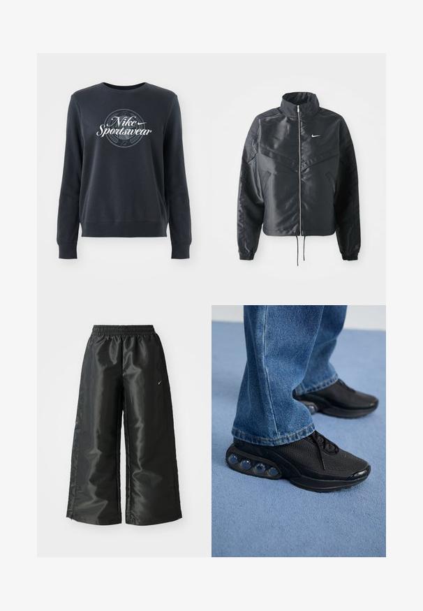 Czarna krótka kurtka z wysokim kołnierzem, zamek błyskawiczny, ściągacze z elastanu i białe logo Nike. Gładki, błyszczący materiał o lekko teksturowanej powierzchni.; Ciemnoniebieska bluza z miękkiego materiału, z okrągłym dekoltem, długimi rękawami i graficznym logo "Nike Sportswear" z przodu.; Czarne spodnie sportowe z błyszczącego, gładkiego materiału, z elastycznym paskiem w talii, szerokimi nogawkami i małym logo po lewej stronie.; Czarne sportowe sneakersy z siateczkową cholewką, teksturowanymi akcentami i widocznymi poduszkami powietrznymi w podeszwie. Noszone z niebieskimi dżinsami.