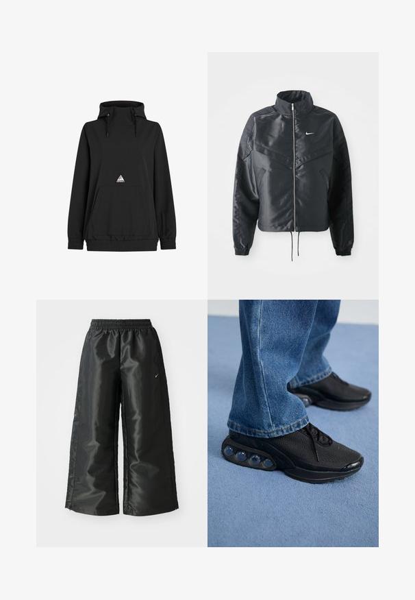 Veste noire courte avec col haut, fermeture éclair, poignets en élasthanne et logo Nike blanc. Tissu lisse et brillant avec une surface légèrement texturée.; Sweat à capuche noir avec un col haut, cordon de serrage, poche avant, ourlet élastique et un patch en forme de triangle. Tissu doux et lisse.; Pantalons de sport noirs en tissu brillant et lisse, avec une taille élastique, des jambes larges et un petit logo sur le côté gauche.; Baskets de sport noires avec tige en mesh, accents texturés et poches de coussin d'air visibles dans la semelle. Portées avec un jean en denim bleu.