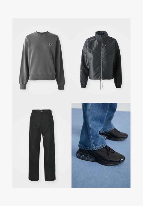 Zwarte cropped jack met hoge kraag, ritsluiting, elastische manchetten en een wit Nike-logo. Glad, glanzend materiaal met een licht gestructureerd oppervlak.; Grijze pullover sweatshirt van een gladde katoenmix, met een ronde hals, geribbelde manchetten en een klein logopatch op de linkerkant van de borst.; Zwarte broek met een rechte pijpdesign, gemaakt van een textuurstof. Bevat decoratieve zilveren hardware en unieke naaddetails.; Zwarte sportieve sneakers met een bovenwerk van mesh, gestructureerde accenten en zichtbare luchtkussentjes in de zool. Gedragen met blauwe denim jeans.