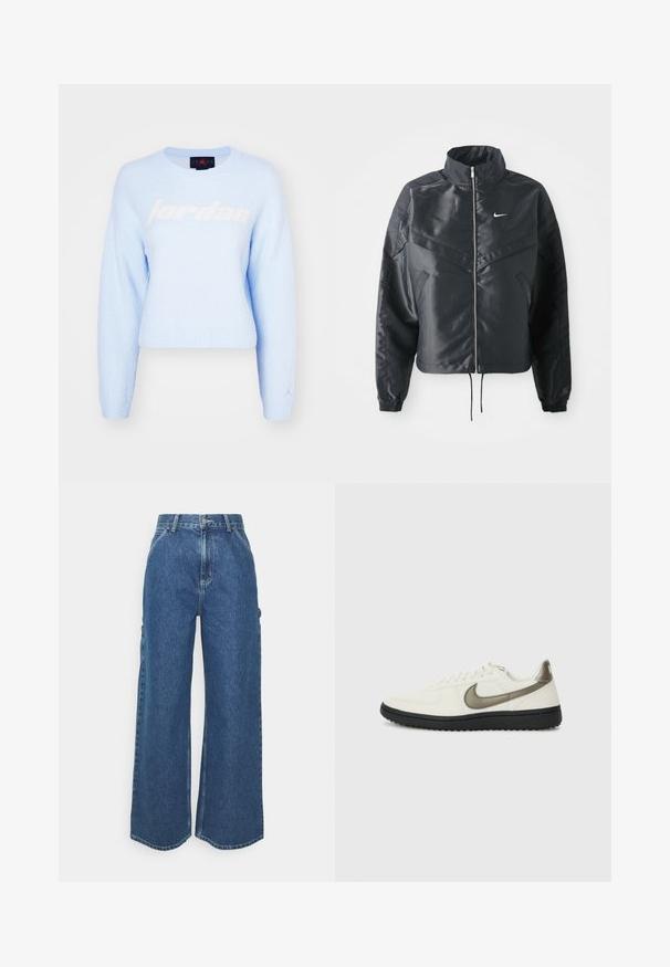 Jachetă croppată neagră cu guler înalt, închidere cu fermoar, manșete din elastan și un logo alb Nike. Material neted, lucios, cu o suprafață ușor texturată.; Pulover scurt de culoare albastră deschisă, realizat dintr-un material moale și texturat. Prezintă un logo mare alb "jordan" pe față și un logo mic pe mânecă.; Pantaloni din denim albastru cu talie înaltă și picioare largi, cu o cusătură contrastantă și buzunare laterale, având un design clasic cu cinci buzunare și margini brut.; Nike Sportswear FIELD GENERAL - Sneakers low - off-white/black