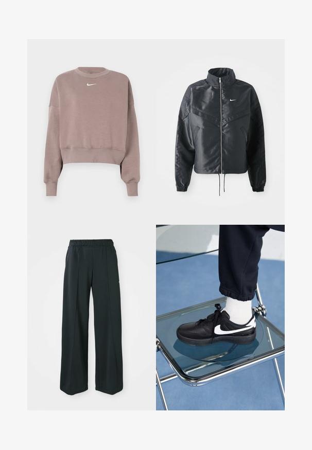Giacca nera cropped con colletto alto, chiusura a zip, polsini in elastan e logo Nike bianco. Tessuto liscio e lucido con una superficie leggermente texturizzata.; Pullover corto marrone chiaro realizzato in tessuto morbido, con maniche lunghe e un piccolo logo Nike bianco sul petto. Polsini e orlo a coste.; Pantaloni sportivi neri a gamba larga con una vita elastica. Realizzati in un tessuto morbido ed elasticizzato, presentano cuciture frontali sottili e nessuna tasca.; Sneakers Nike neri con accenti bianchi, caratterizzati da una superficie in pelle liscia, design con lacci e punta rotonda, posizionati su una sedia di vetro.
