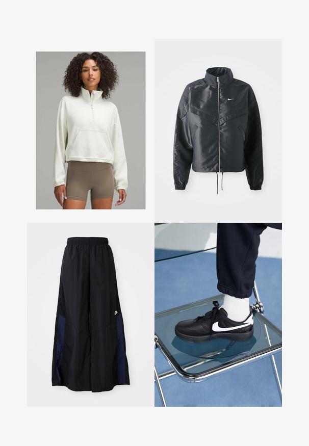 Zwarte cropped jack met hoge kraag, ritsluiting, elastische manchetten en een wit Nike-logo. Glad, glanzend materiaal met een licht gestructureerd oppervlak.; Lichtbeige cropped sweatshirt met een halve ritssluiting, een voorzak en elastische manchetten, in combinatie met bruine high-waisted shorts.; Zwarte wijdlopende broek van lichtgewicht stof, met een marineblauwe zijpaneel en een elastische tailleband. Klein wit logo onderaan.; Zwarte Nike sneakers met witte accenten, met een gladde leren textuur, vetersluiting en ronde neus, geplaatst op een glazen stoel.