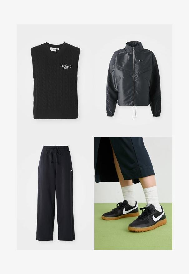 Sort cropped jakke med høj krave, lynlås lukning, elastiske manchetter og et hvidt Nike-logo. Glat, blankt stof med en let struktureret overflade.; Carhartt WIP SIGNATURE - Striktrøje - black/wax; Sorte sweatpants med elastisk talje og snor, med et lille hvidt Nike-logo på venstre side.; Sorte læder- og syntetiske sneakers med hvid Nike swoosh, gummisål, rund tå og sorte snørebånd. Ribbede hvide sokker synlige.