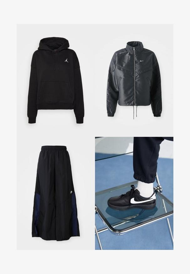 Black cropped jacket with high collar, zip closure, elastane cuffs, and a white Nike logo. Smooth, shiny fabric with a slightly textured surface.; Jordan Hoodie - black; Black wide-leg pants made of lightweight fabric, featuring a navy blue side panel and an elastic waistband. Small white logo on bottom.; Black Nike sneakers with white accents, featuring a smooth leather texture, lace-up design, and rounded toe, positioned on a glass chair.