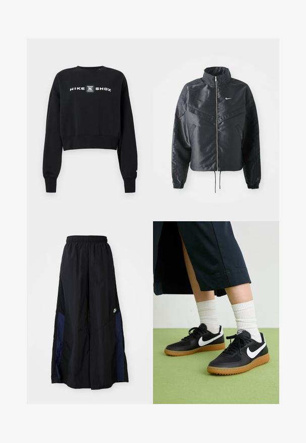 Svart cropped jakke med høy krage, glidelåsåpning, elastiske mansjetter og en hvit Nike-logo. Glatt, shiny stoff med en lett teksturert overflate.; Svart cropped sweatshirt laget av mykt stoff, med lange ermer og rund hals. Sentrert hvit Nike Shox-logo foran.; Svarte vide bukser laget av lett stoff, med et marineblått sidestykke og elastisk midjebånd. Liten hvit logo nederst.; Sorte lær- og syntetiske joggesko med hvit Nike swoosh, gummisåle, rund tå og sorte lisser. Ribbet hvite sokker synlige.