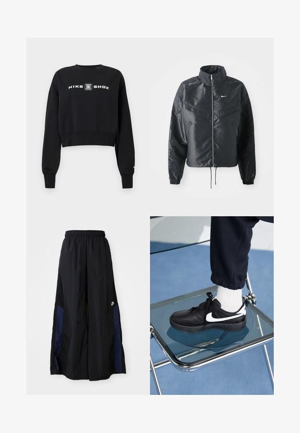 Černá zkrácená bunda s vysokým límcem, zipovým zapínáním, elastickými manžetami a bílým logem Nike. Hladká, lesklá látka s mírně strukturovaným povrchem.; Černá zkrácená mikina vyrobená z měkké látky, s dlouhými rukávy a kulatým výstřihem. Uprostřed je na přední straně bílé logo Nike Shox.; Černé kalhoty širokého střihu vyrobené z lehkého materiálu, s námořnickou modrou bočním panelem a elastickým pasem. Malé bílé logo na spodní části.; Černé tenisky Nike s bílými akcenty, s hladkou koženou texturou, šněrovacím designem a zaoblenou špičkou, umístěné na skleněné židli.