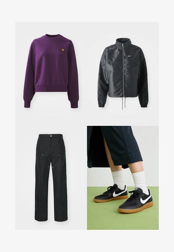 Black cropped jacket with high collar, zip closure, elastane cuffs, and a white Nike logo. Smooth, shiny fabric with a slightly textured surface.; Purple sweatshirt made of cotton, featuring a round neck and ribbed cuffs. It has a small yellow logo on the chest. Cropped design.; Black trousers with a straight-leg design, made of a textured fabric. Features decorative silver hardware and unique seam detailing.; Black leather and synthetic sneakers with white Nike swoosh, rubber gum sole, round toe, and black laces. Ribbed white socks visible.
