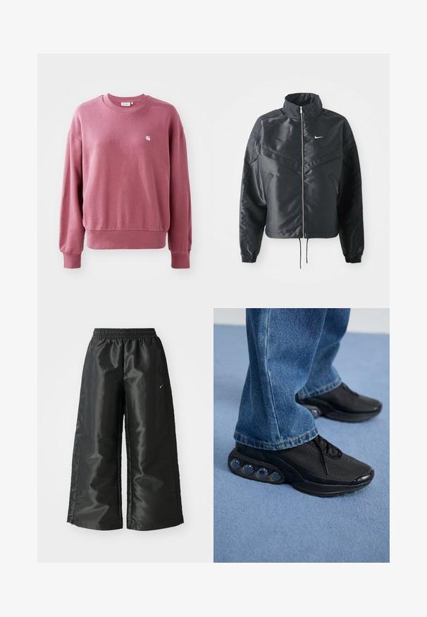 Jachetă croppată neagră cu guler înalt, închidere cu fermoar, manșete din elastan și un logo alb Nike. Material neted, lucios, cu o suprafață ușor texturată.; Sweatshirt roz, realizat dintr-un material moale, cu guler rotund, mâneci lungi și manșete cu nervuri. Un logo mic este plasat pe piept.; Pantaloni sportivi negri dintr-un material lucios si neted, dotati cu o talie elastica, picioare late si un logo mic pe partea stanga.; Adidași sport negri cu parte superioară din plasă, accente texturate și capsule de amortizare vizibile în talpă. Purtați cu blugi albaștri.