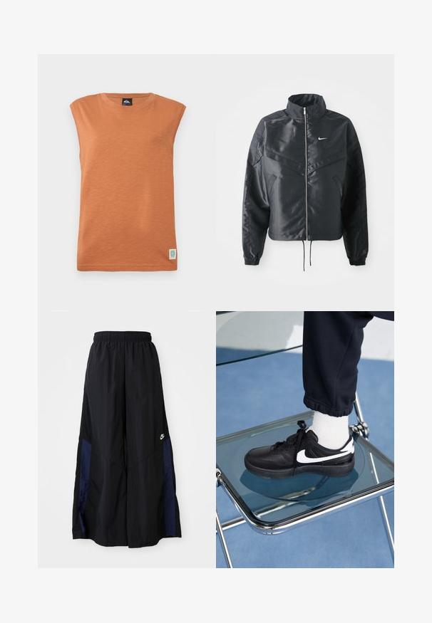 Giacca nera cropped con colletto alto, chiusura a zip, polsini in elastan e logo Nike bianco. Tessuto liscio e lucido con una superficie leggermente texturizzata.; Maglietta senza maniche arancione in un morbido tessuto testurizzato. Collo rotondo con una piccola etichetta del logo nell'angolo in basso a sinistra.; Pantaloni neri a gamba larga realizzati in tessuto leggero, con un pannello laterale blu navy e una cintura elastica. Piccolo logo bianco sul fondo.; Sneakers Nike neri con accenti bianchi, caratterizzati da una superficie in pelle liscia, design con lacci e punta rotonda, posizionati su una sedia di vetro.