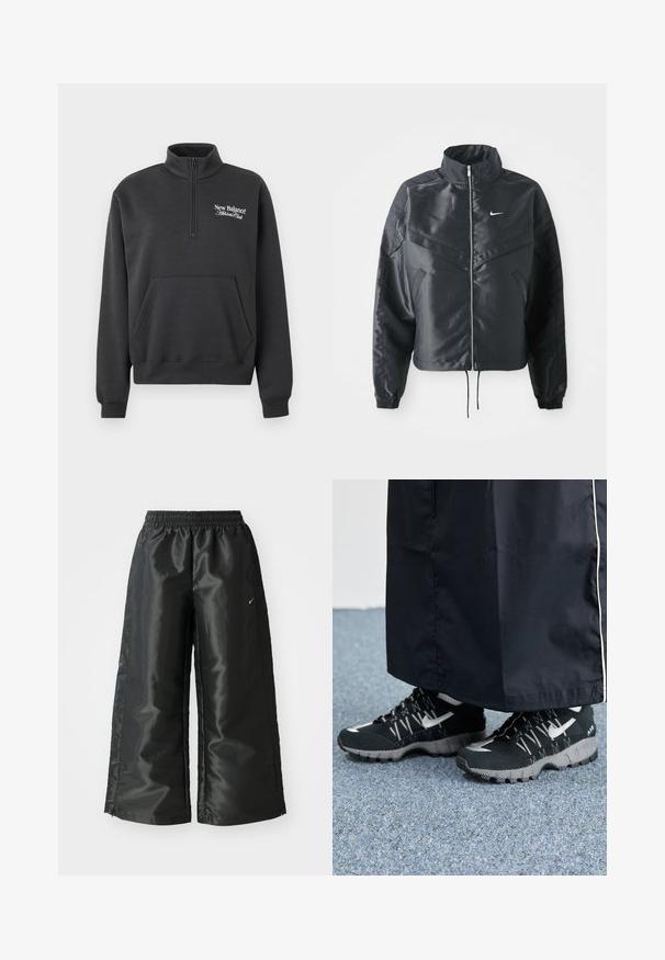 Veste noire courte avec col haut, fermeture éclair, poignets en élasthanne et logo Nike blanc. Tissu lisse et brillant avec une surface légèrement texturée.; Sweatshirt noir, à manches longues, avec un col zippé quart, une poche frontale et le logo "New Balance Athlete Club" en blanc. Texture de tissu douce.; Pantalons de sport noirs en tissu brillant et lisse, avec une taille élastique, des jambes larges et un petit logo sur le côté gauche.; Des chaussures de sport noires avec un dessus texturé, des accents argentés et une semelle extérieure à motifs, associées à un long vêtement noir. Présentées sur un tapis bleu.