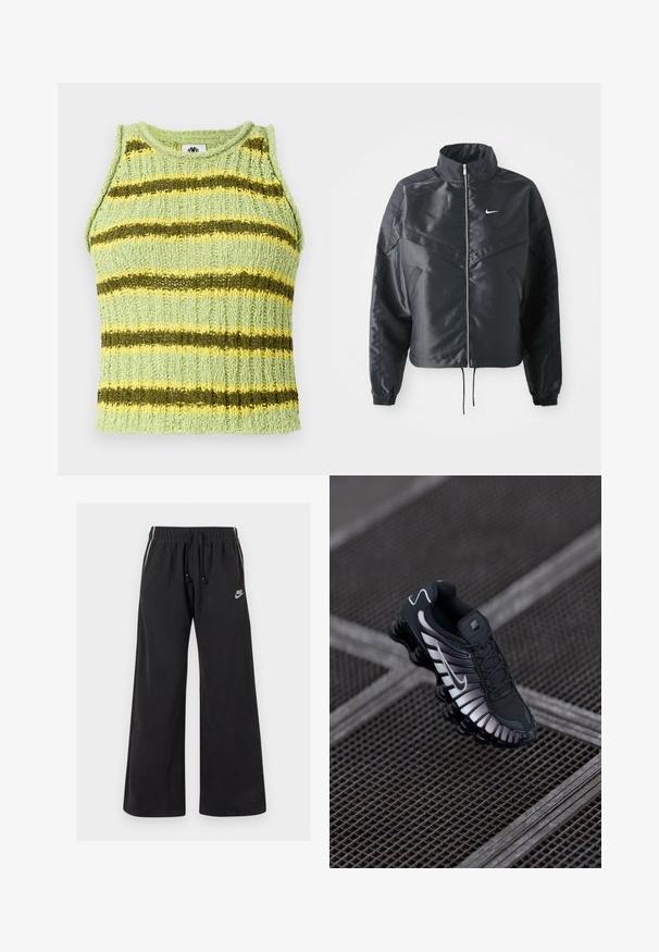 Black cropped jacket with high collar, zip closure, elastane cuffs, and a white Nike logo. Smooth, shiny fabric with a slightly textured surface.; Light green knitted sleeveless top with horizontal dark green and yellow stripes, ribbed texture, and round neckline.; Black sweatpants made of soft fabric, featuring an elastic waistband with a drawstring, side stripes, and a small logo on the front left.; Black athletic shoe with textured mesh upper, silver accents, arch support, and cushioned sole featuring distinct segmented design.
