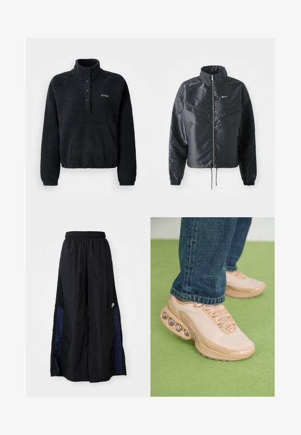 Zwarte cropped jack met hoge kraag, ritsluiting, elastische manchetten en een wit Nike-logo. Glad, glanzend materiaal met een licht gestructureerd oppervlak.; Zwarte fleece pullover met drukknoopkraag en Columbia-logo op de linkerborst, met lange mouwen en een gezellige, textuurstof.; Zwarte wijdlopende broek van lichtgewicht stof, met een marineblauwe zijpaneel en een elastische tailleband. Klein wit logo onderaan.; Lichtbeige sportieve schoenen hebben een bovenwerk van mesh, een rubberen zool en afgeronde accenten met metallic details. Draag ze met blauwe jeans op een groene ondergrond.
