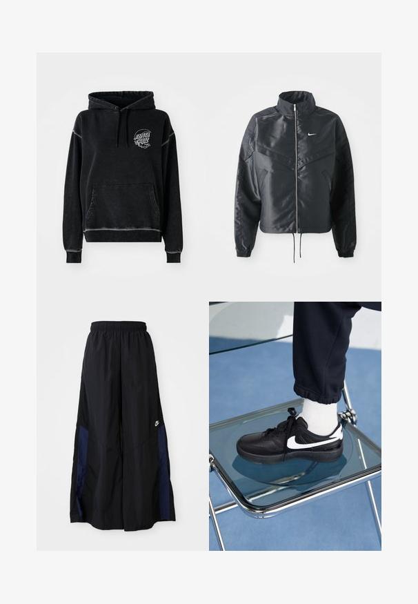 Chaqueta negra corta con cuello alto, cierre de cremallera, puños de elastano y un logo de Nike en blanco. Tejido suave y brillante con una superficie ligeramente texturizada.; Sudadera negra con bolsillo frontal, capucha ajustable con cordón y un logo blanco circular que presenta "SANTA CRUZ". Textura suave y cepillada.; Pantalones de pierna ancha negros, confeccionados en una tela ligera, con un panel lateral azul marino y una cinturilla elástica. Logotipo blanco pequeño en la parte inferior.; Zapatillas Nike negras con acentos blancos, con una textura de cuero suave, diseño de cordones y punta redondeada, colocadas sobre una silla de cristal.