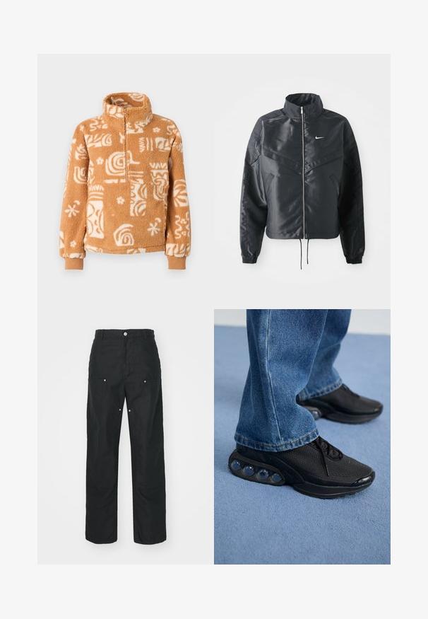 Must kolledžiga must lühike jope, millel on lukuga sulgus, elastne mansett ja valge Nike logo. Sile, läikiv kangas, millel on veidi tekstureeritud pind.; Pruun fliispullovärv, millel on valged abstraktsed mustrid, kõrge krae, pool tõmblukk ja soonikkoes varrukad, millel on pehme ja tekstuuriga kangas.; Mustad püksid sirge säärega, valmistatud tekstuurses kangas. Dekoratiivsed hõbedased detailid ja ainulaadne õmblusteenus.; Mustad mustandid jooksujalatsid, millel on võrkmaterjalist ülemine osa, tekstuuriga detailid ja nähtavad õhkpadjad tallas. Kandmine siniste teksadega.