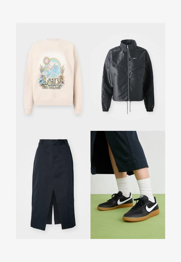 Giacca nera cropped con colletto alto, chiusura a zip, polsini in elastan e logo Nike bianco. Tessuto liscio e lucido con una superficie leggermente texturizzata.; Felpa beige con un design grafico colorato che mostra montagne, onde, sole e fiori. Testo "ROXY" in evidenza.; Gonna midi blu navy in tessuto misto cotone, con spacco anteriore, zip nascosta e tasche laterali per funzionalità.; Sneaker in pelle nera e sintetica con logo Nike bianco, suola in gomma, punta rotonda e lacci neri. Calze bianche a righe visibili.