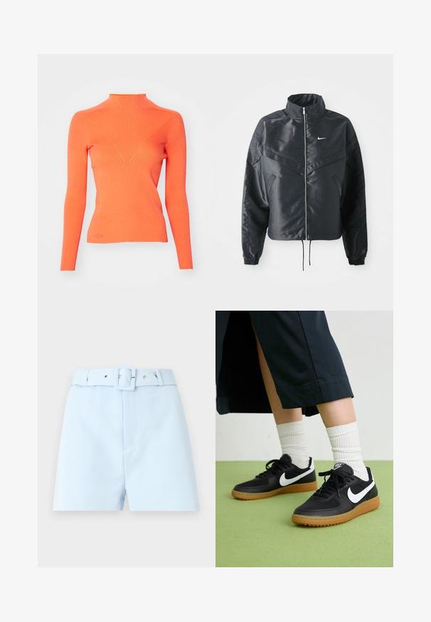 Czarna krótka kurtka z wysokim kołnierzem, zamek błyskawiczny, ściągacze z elastanu i białe logo Nike. Gładki, błyszczący materiał o lekko teksturowanej powierzchni.; Sweter z golfem w prążki w jaskrawym pomarańczowym kolorze, z długimi rękawami i dopasowanym krojem z elementem w kształcie litery V z przodu.; Jasnoniebieskie szorty z paskiem w talii, z kwadratową klamrą i metalowymi akcentami. Gładki materiał, dopasowany krój i plisowany przód.; Czarne skórzane i syntetyczne sneakersy z białym logo Nike, gumową podeszwą, okrągłym noskiem i czarnymi sznurowadłami. Widziane są ribbowane białe skarpetki.