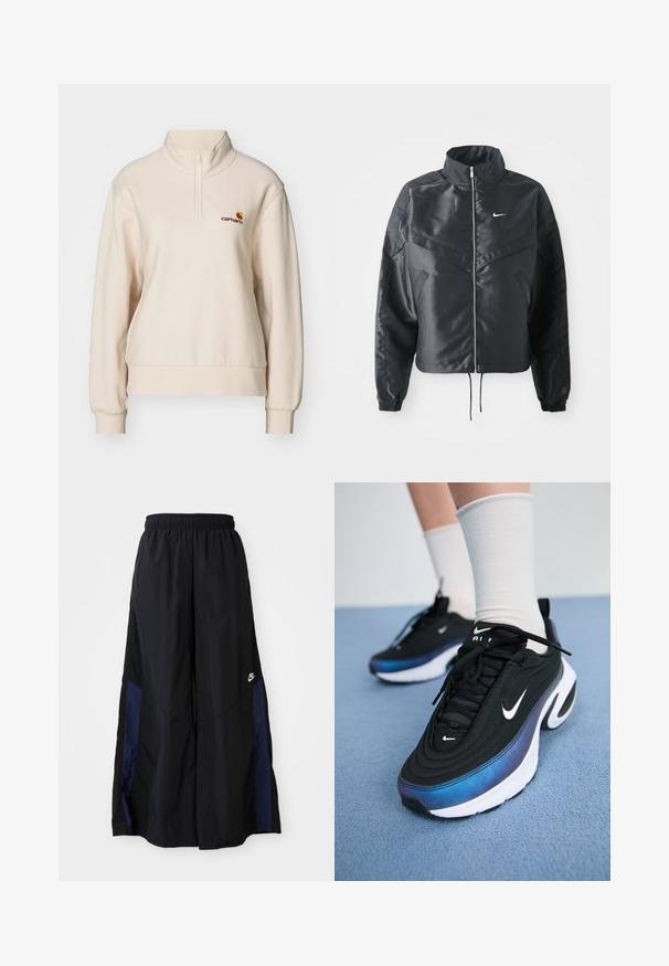 Giacca nera cropped con colletto alto, chiusura a zip, polsini in elastan e logo Nike bianco. Tessuto liscio e lucido con una superficie leggermente texturizzata.; Carhartt WIP AMERICAN HIGH NECK - Felpa - moonbeam; Pantaloni neri a gamba larga realizzati in tessuto leggero, con un pannello laterale blu navy e una cintura elastica. Piccolo logo bianco sul fondo.; Sneakers neri Nike con tomaia in tessuto liscio, caratterizzati da un design a gradiente blu-nero, suola bianca e accenti del logo in evidenza.