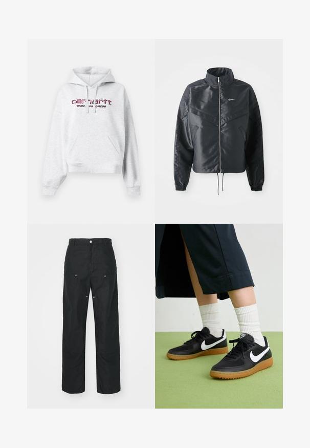 Zwarte cropped jack met hoge kraag, ritsluiting, elastische manchetten en een wit Nike-logo. Glad, glanzend materiaal met een licht gestructureerd oppervlak.; Grijze hoodie van fleece stof, met een kangoeroezak, een trekkoordkap en een roze geborduurd "carhartt" logo met "WORK IN PROGRESS."; Zwarte broek met een rechte pijpdesign, gemaakt van een textuurstof. Bevat decoratieve zilveren hardware en unieke naaddetails.; Zwarte leren en synthetische sneakers met witte Nike swoosh, rubberen gumzool, ronde neus en zwarte veters. Geribbelde witte sokken zichtbaar.